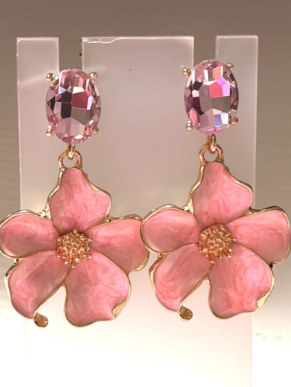 Pink Floral Statement Earrings Gold Tone Crystal Enamel Flower Drop Earrings